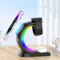 Chargeur magnétique sans fil 4 en 1 – recharge rapide pour smartphone, écouteurs et montre avec lumière d’ambiance LED