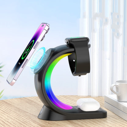 Chargeur magnétique sans fil 4 en 1 – recharge rapide pour smartphone, écouteurs et montre avec lumière d’ambiance LED