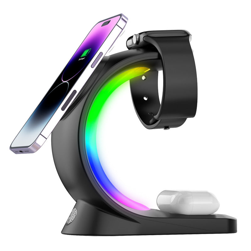 Chargeur magnétique sans fil 4 en 1 – recharge rapide pour smartphone, écouteurs et montre avec lumière d’ambiance LED