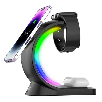 Chargeur magnétique sans fil 4 en 1 – recharge rapide pour smartphone, écouteurs et montre avec lumière d’ambiance LED