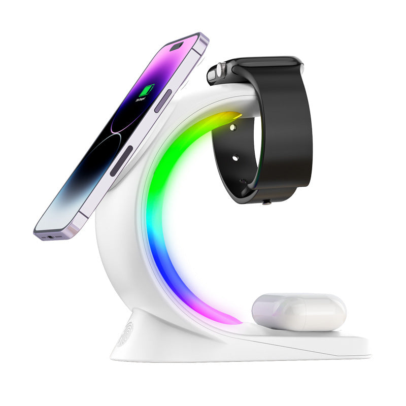 Chargeur magnétique sans fil 4 en 1 – recharge rapide pour smartphone, écouteurs et montre avec lumière d’ambiance LED