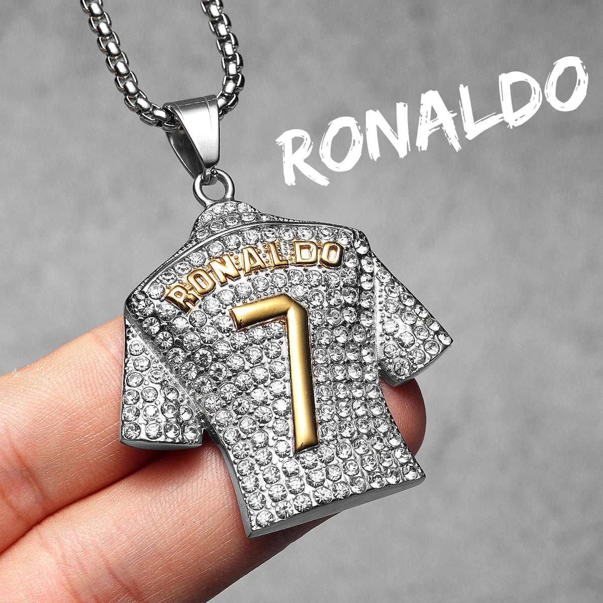 Collier Ronaldo Homme | Pendentif Maillot N°7 Strass Doré Acier Inoxydable | Cadeau Fan CR7 Coupe du Monde