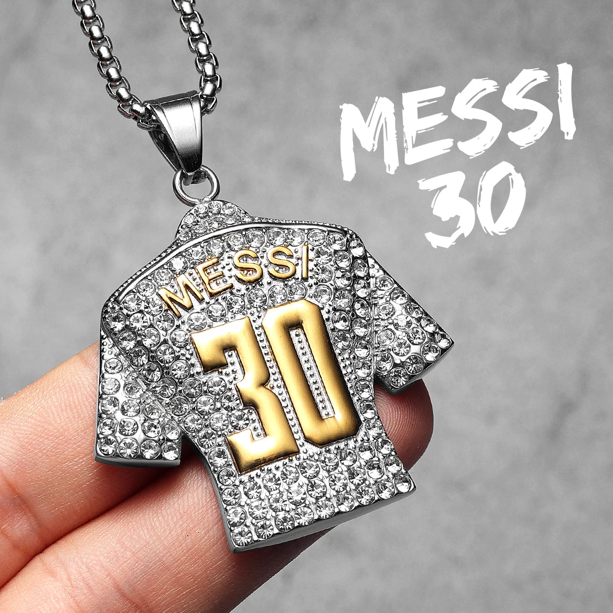 Collier Messi Homme | Pendentif Maillot N°10 / N°30 Strass Doré Acier Inoxydable | Cadeau Fan Leo Messi Coupe du Monde