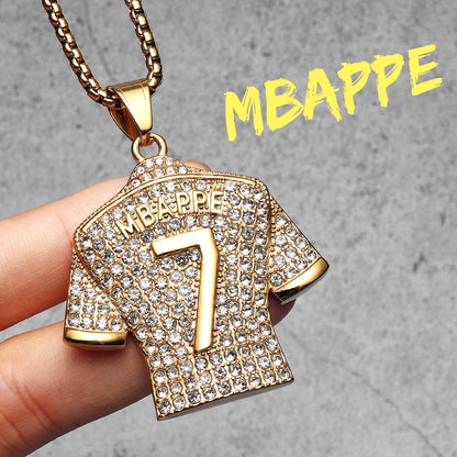 Collier Mbappé Homme | Pendentif Maillot N°7 Strass Doré Acier Inoxydable | Cadeau Fan Kylian Mbappé Coupe du Monde