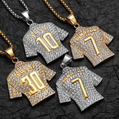 Collier Messi Homme | Pendentif Maillot N°10 / N°30 Strass Doré Acier Inoxydable | Cadeau Fan Leo Messi Coupe du Monde