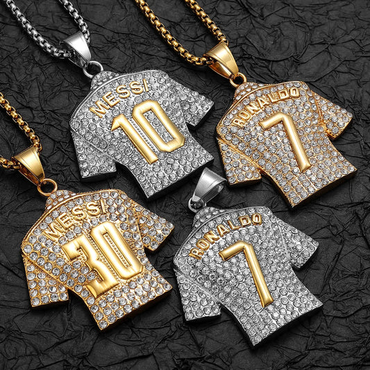 Collier Messi Homme | Pendentif Maillot N°10 / N°30 Strass Doré Acier Inoxydable | Cadeau Fan Leo Messi Coupe du Monde
