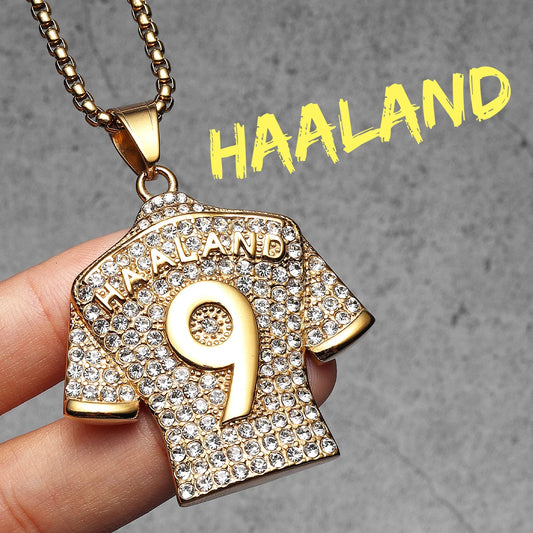 Collier Haaland Homme | Pendentif Maillot N°9 Strass Doré Acier Inoxydable | Cadeau Fan Erling Haaland Coupe du Monde