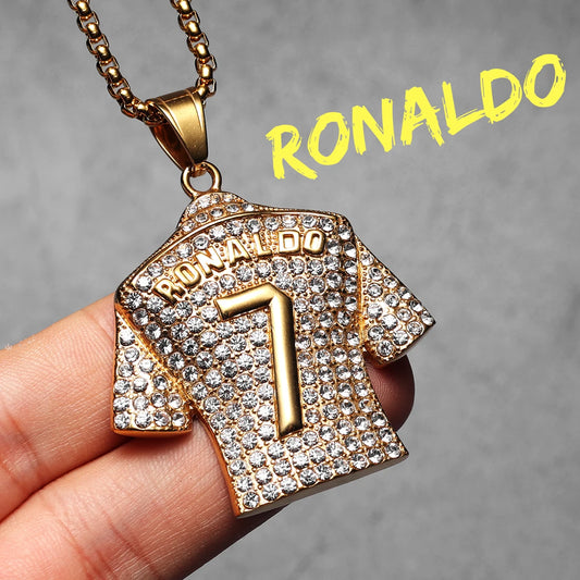 Collier Ronaldo Homme | Pendentif Maillot N°7 Strass Doré Acier Inoxydable | Cadeau Fan CR7 Coupe du Monde
